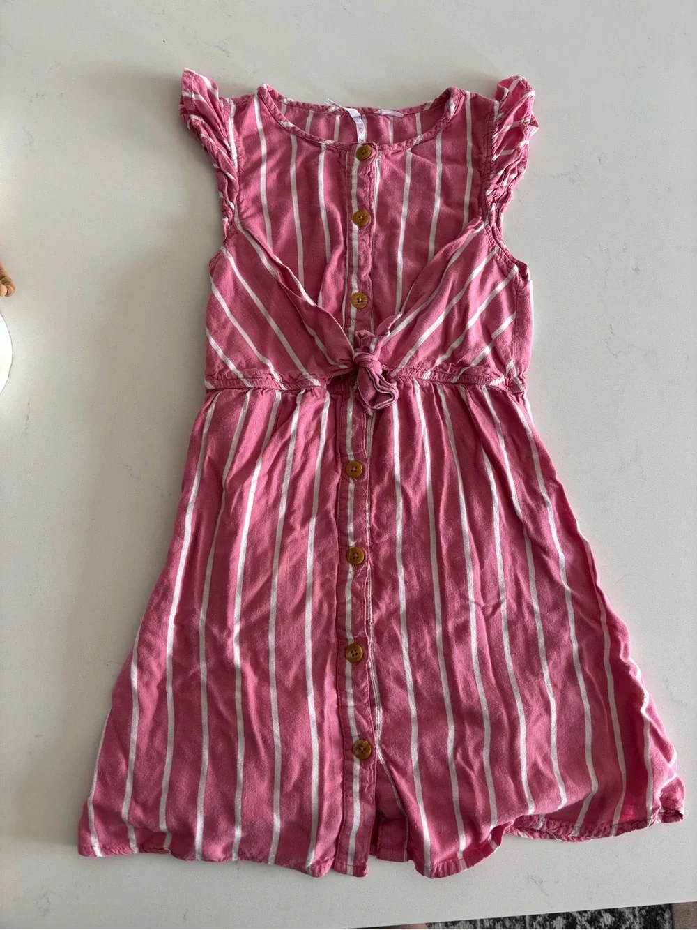 Girls Pink Striped Button-Front Tie-Waist Dress